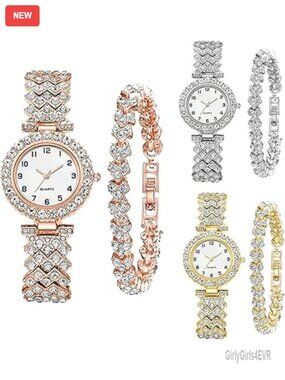 6 Piece Watch and Bangle Bracelet Set Analog Quartz Stainless Steel Crystal